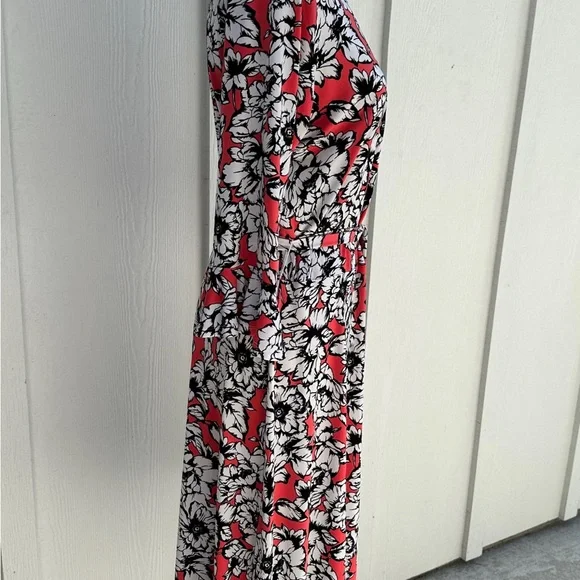 Leota XL Floral Faux Wrap Midi Dress Red Dark Pink White Stretch Jersey V-Neck - Picture 8 of 9